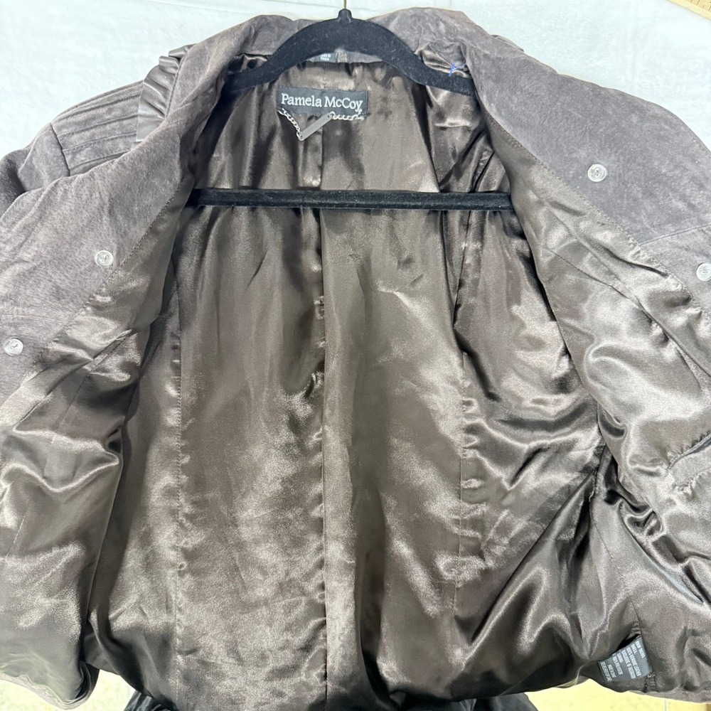 Vintage Pamela McCoy Brown Genuine Suede Leather Ruffle Military Jacket Large - Picture 6 of 7